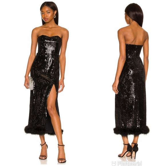 NBD Dresses & Skirts - NBD Kalindi Midi Dress in Black Sequin & Feather Trim Size Medium
